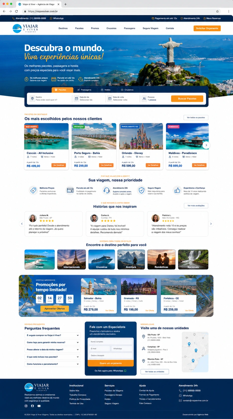 Site para agência de viagens com destinos e pacotes, criado pela Nidhi Tecnologia