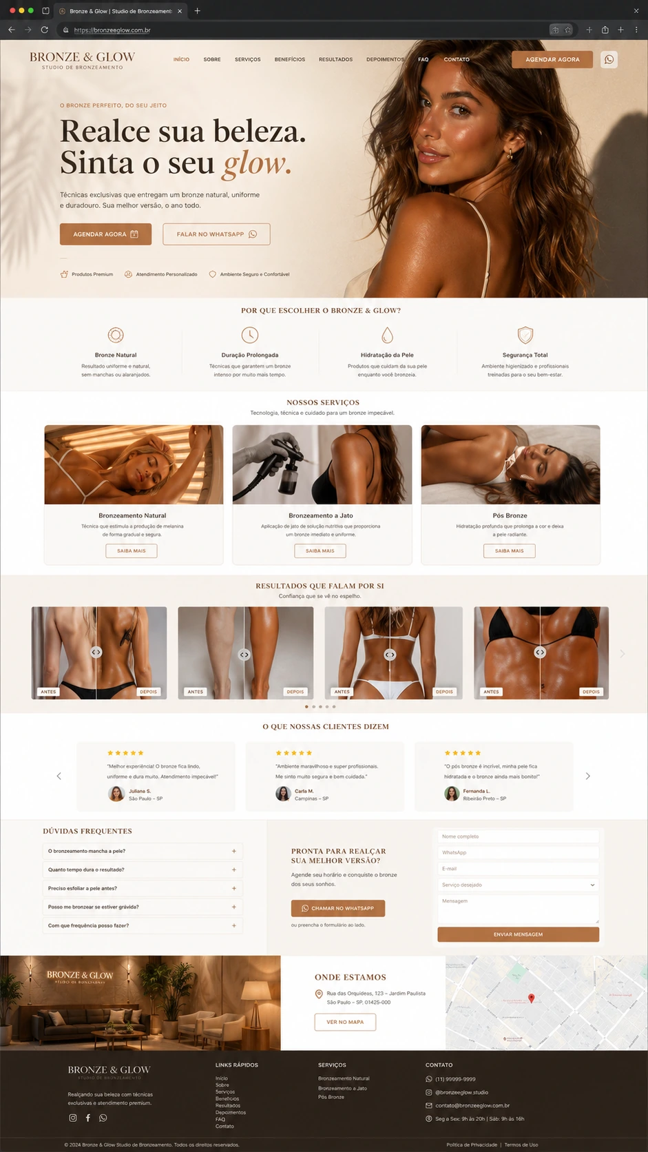 Site para estúdio de bronzeamento com serviços e agendamento, desenvolvido pela Nidhi Tecnologia