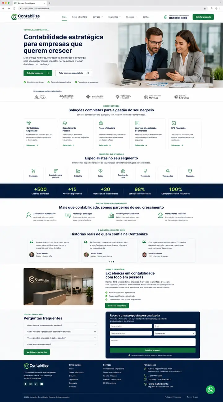 Site para escritório de contabilidade com apresentação de serviços, criado pela Nidhi Tecnologia
