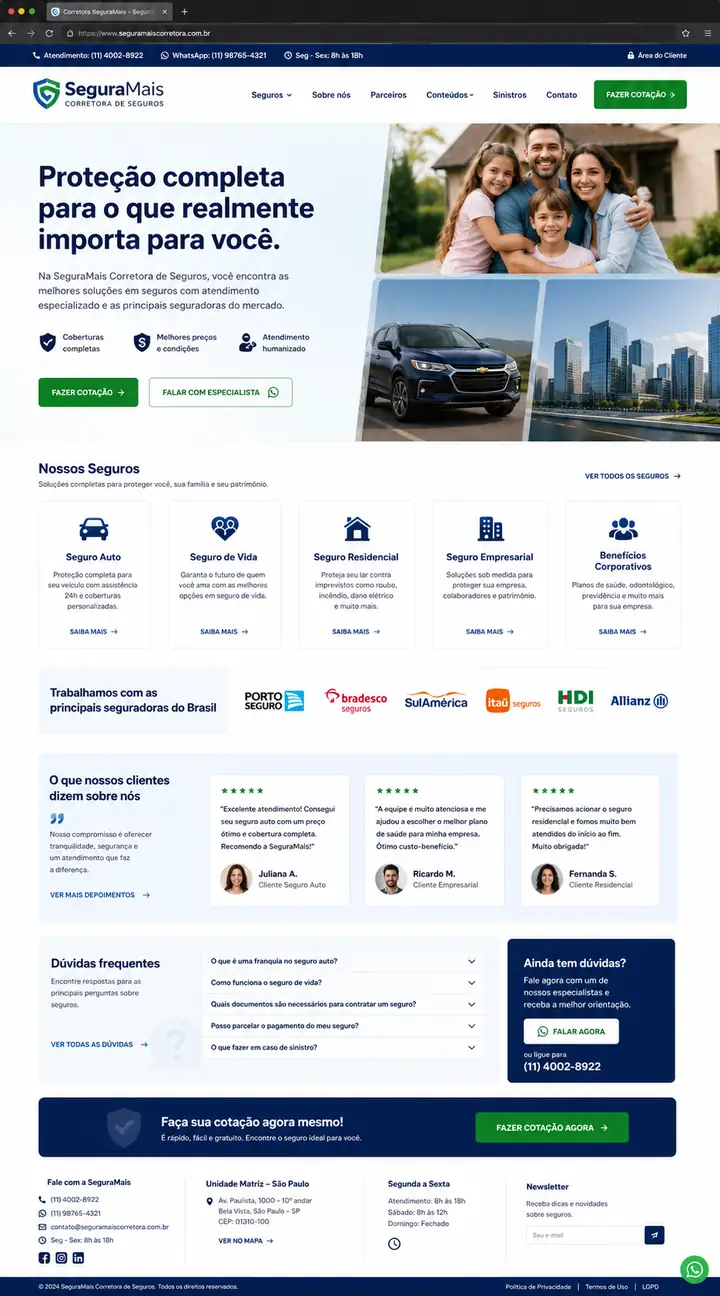 Site para corretora de seguros com produtos e geração de contatos, desenvolvido pela Nidhi Tecnologia
