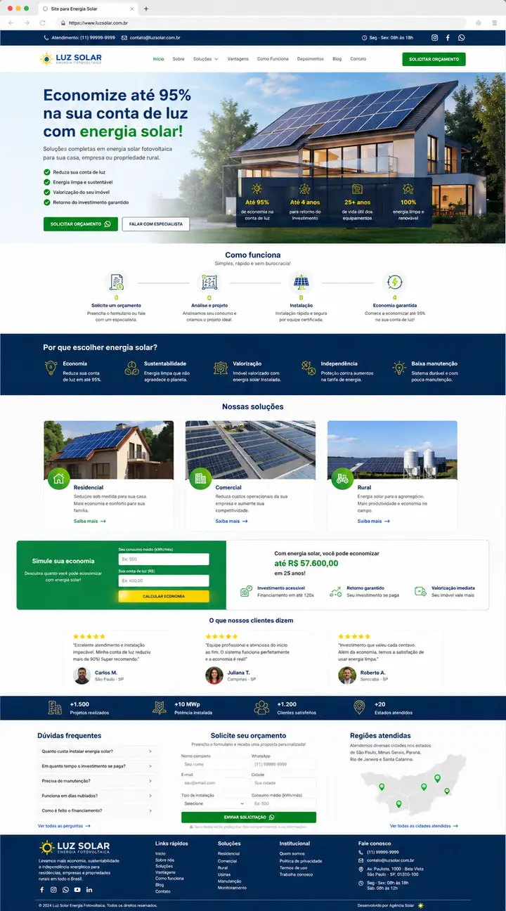Landing page para empresa de energia solar com simulação e orçamento, criada pela Nidhi Tecnologia