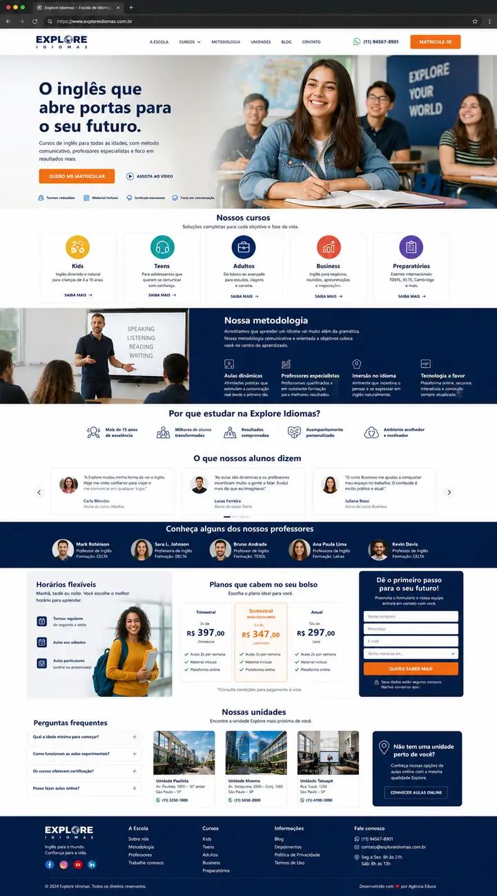 Site para escola de idiomas com cursos e captação de alunos, criado pela Nidhi Tecnologia
