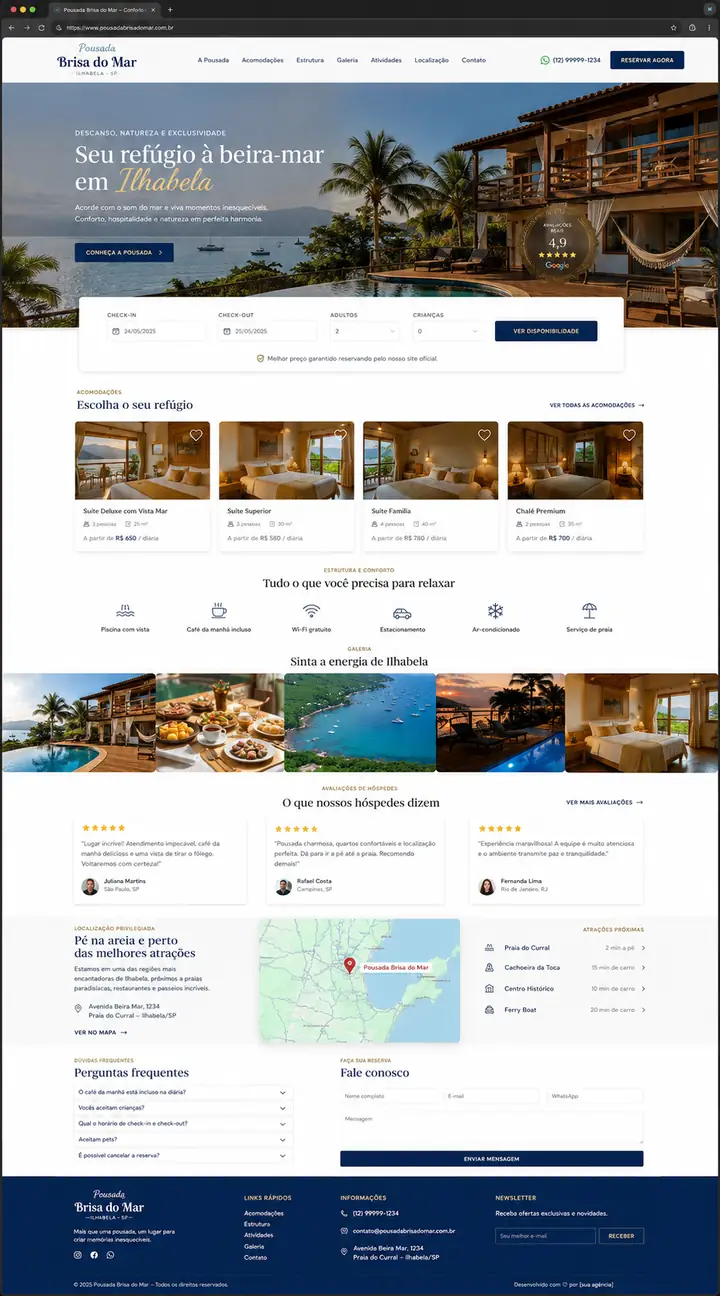 Site para pousada com acomodações e reservas, desenvolvido pela Nidhi Tecnologia