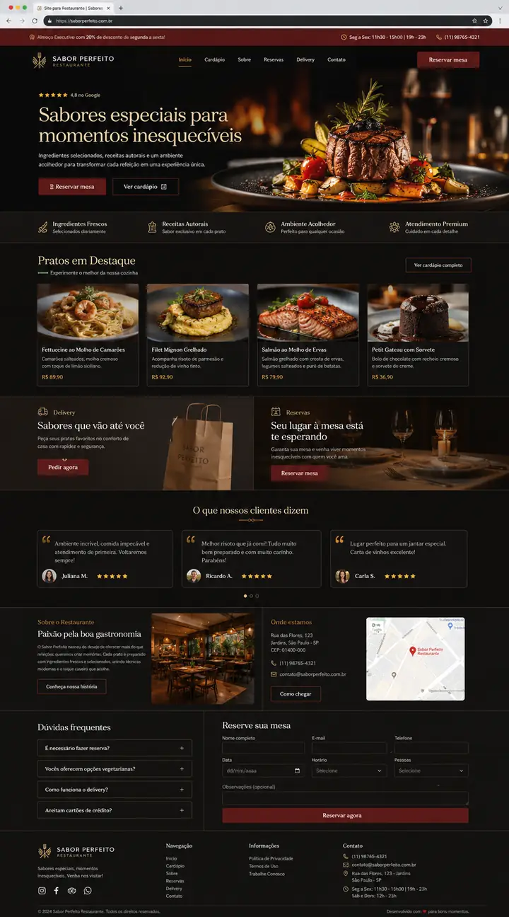 Site profissional para restaurante com cardápio e reservas, desenvolvido pela Nidhi Tecnologia em Brasília