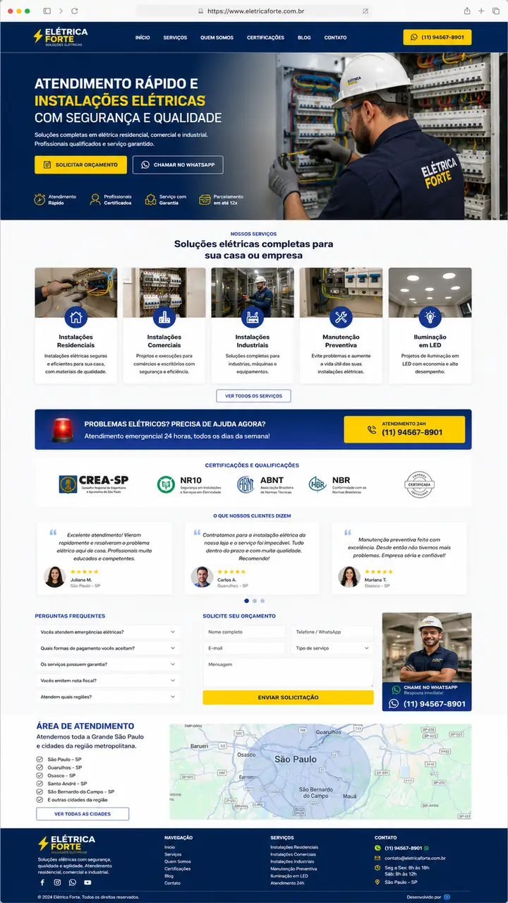 Site para eletricista e serviços elétricos com contato rápido, criado pela Nidhi Tecnologia