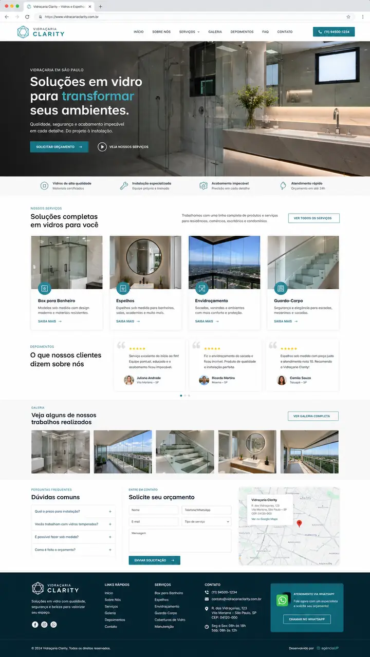 Site para vidraçaria com soluções em vidro e orçamento, criado pela Nidhi Tecnologia